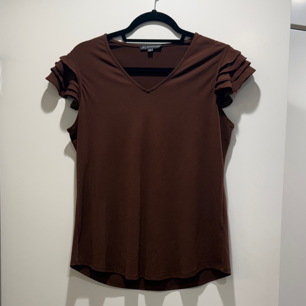 Adrianna Papell Brown Ruffle Sleeve V-Neck Top